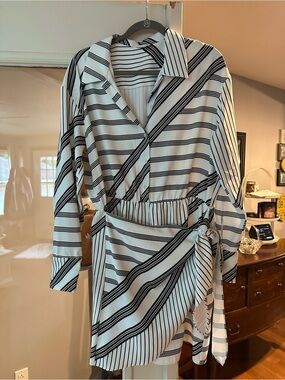 Striped Black and White Faux Wrap Shirt Dress